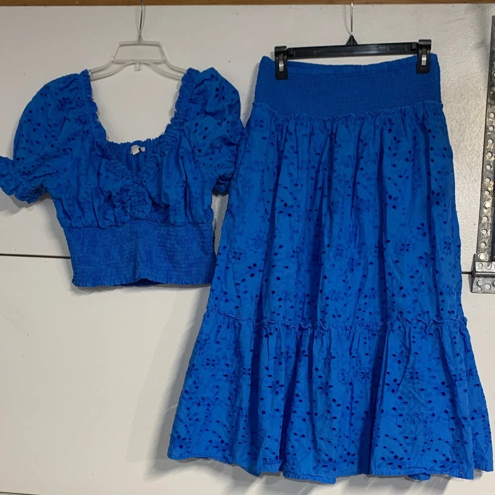 JENNIFER & GRACE WOMENS BLUE EYELET MATCHING SET SKIRT BLOUSE LARGE